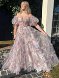 Sydney |A Line Sweetheart Printed Tulle Long Prom Dress by KissProm