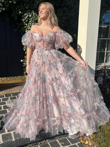 Sydney | Langes Ballkleid aus bedrucktem Tüll in A-Linie mit Herzausschnitt