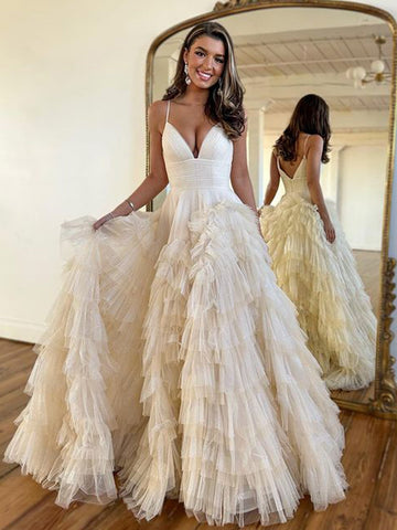 Alianna | Vestido de fiesta de tul escalonado con tirantes finos y corte A 