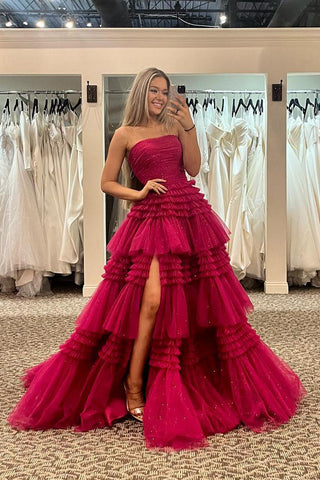 Daniela | Vestido de fiesta largo de tul sin tirantes, corte A y volantes escalonados