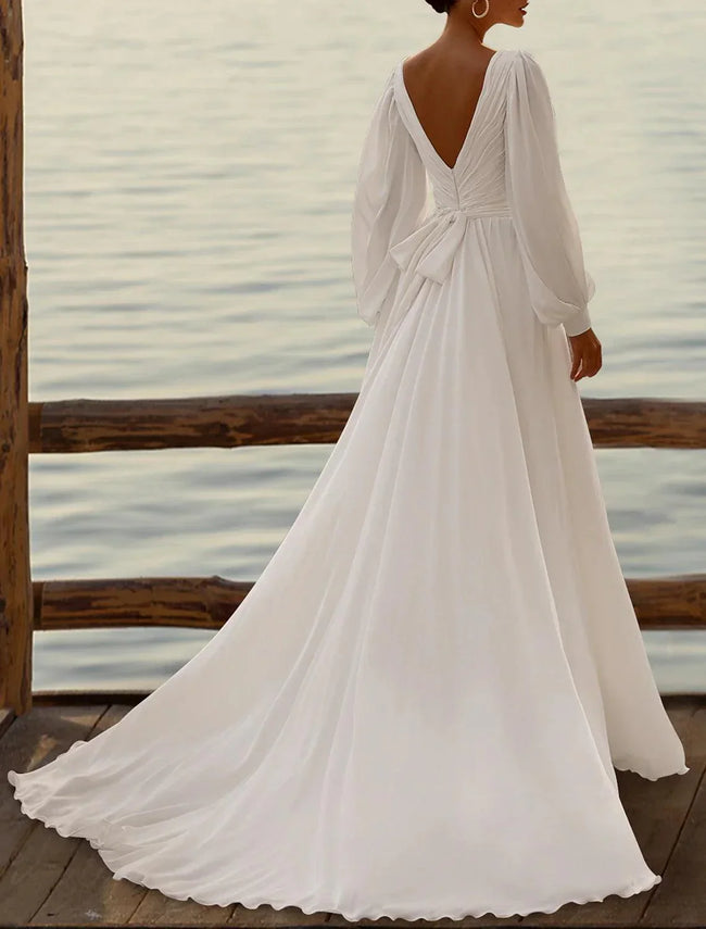 Wedding Dresses  A-Line Camisole Sleeveless Tea Length Chiffon Bridal Gowns With Pleats Simple Dresses Main Image