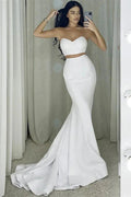 Two Piece Strapless Long Mermaid White Prom Dress by BIZTUNNEL