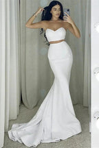 Two Piece Strapless Long Mermaid White Prom Dress by BIZTUNNEL