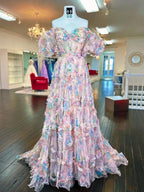 Sydney |A Line Sweetheart Printed Tulle Long Prom Dress by KissProm