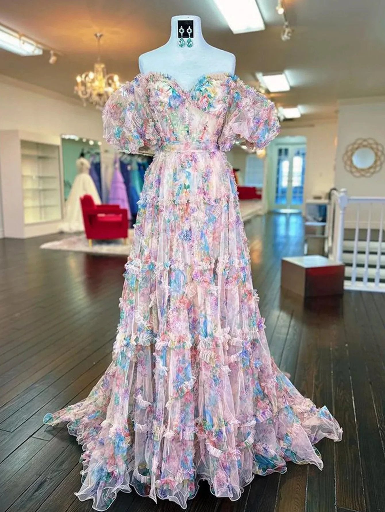 Sydney |A Line Sweetheart Printed Tulle Long Prom Dress by KissProm