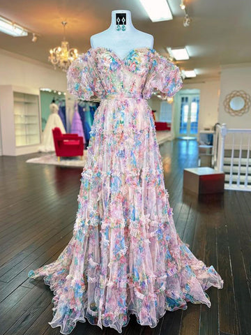 Sydney | Langes Ballkleid aus bedrucktem Tüll in A-Linie mit Herzausschnitt