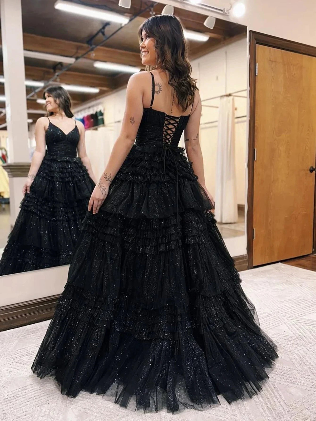 Emerson |A-Line Deep V Neck Tiered Long Glitter Tulle Prom Dress by KissProm