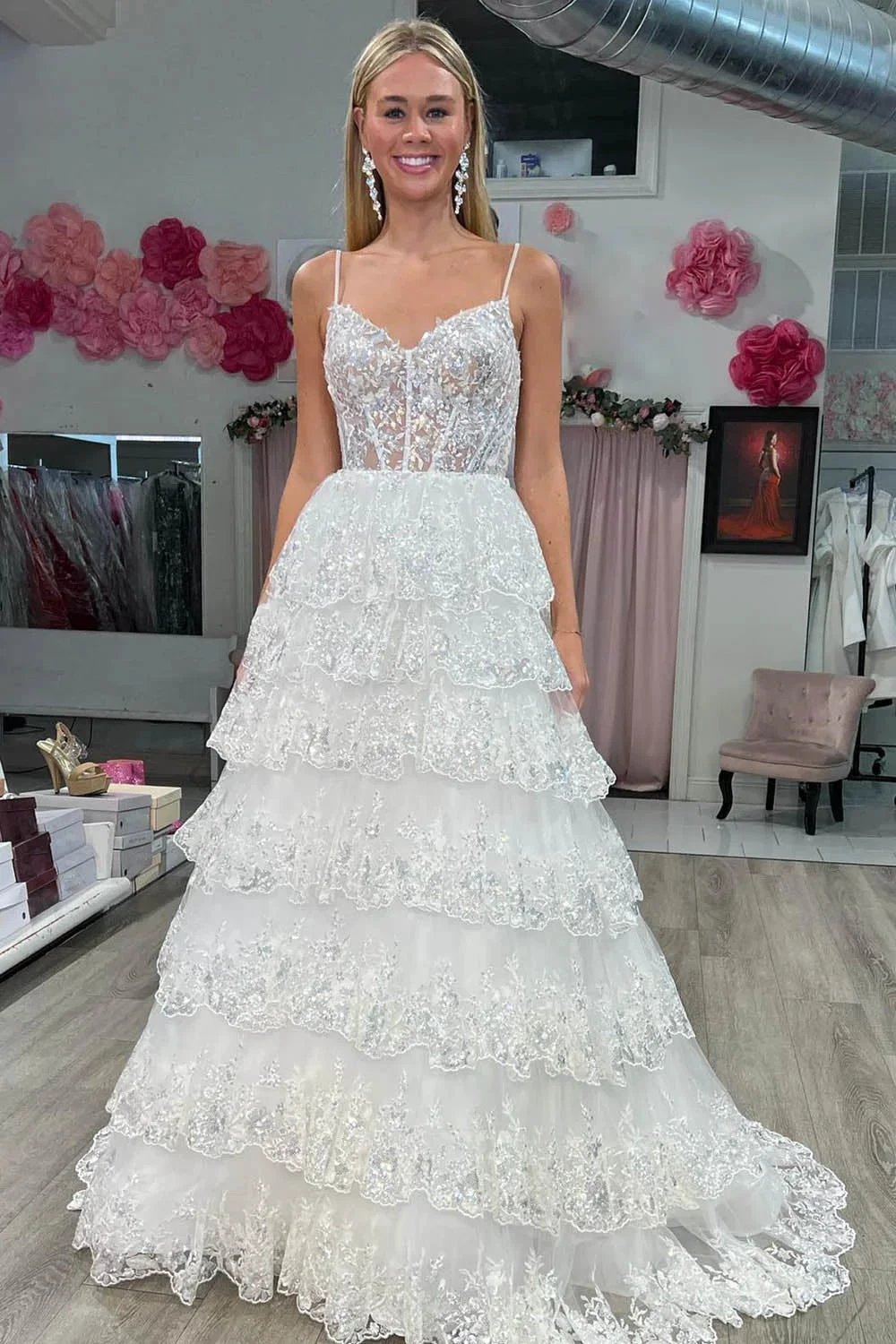 Maryam |A Line Spaghetti Straps Tiered Lace Prom Dress by KissProm