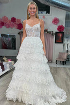 Maryam |A Line Spaghetti Straps Tiered Lace Prom Dress by KissProm