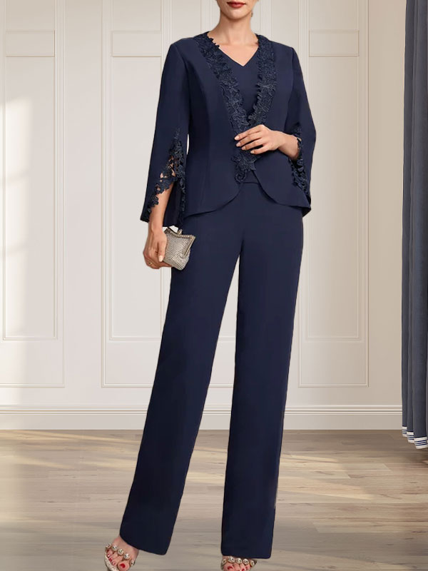 Separates Jumpsuit/Pantsuit V-Neck Floor-Length Chiffon Mother of the Bride Dress
