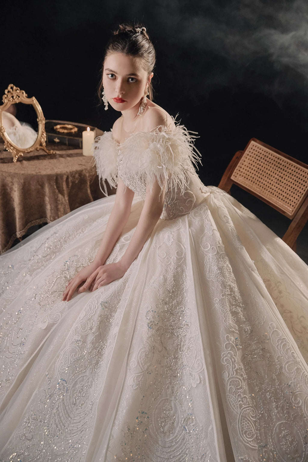 Luxurious Off-the-Shoulder Ball Gown Sweetheart Neckline Feather Trim Beaded Lace Wedding Dress with Glitter Train E-306 by ZAPDRESS