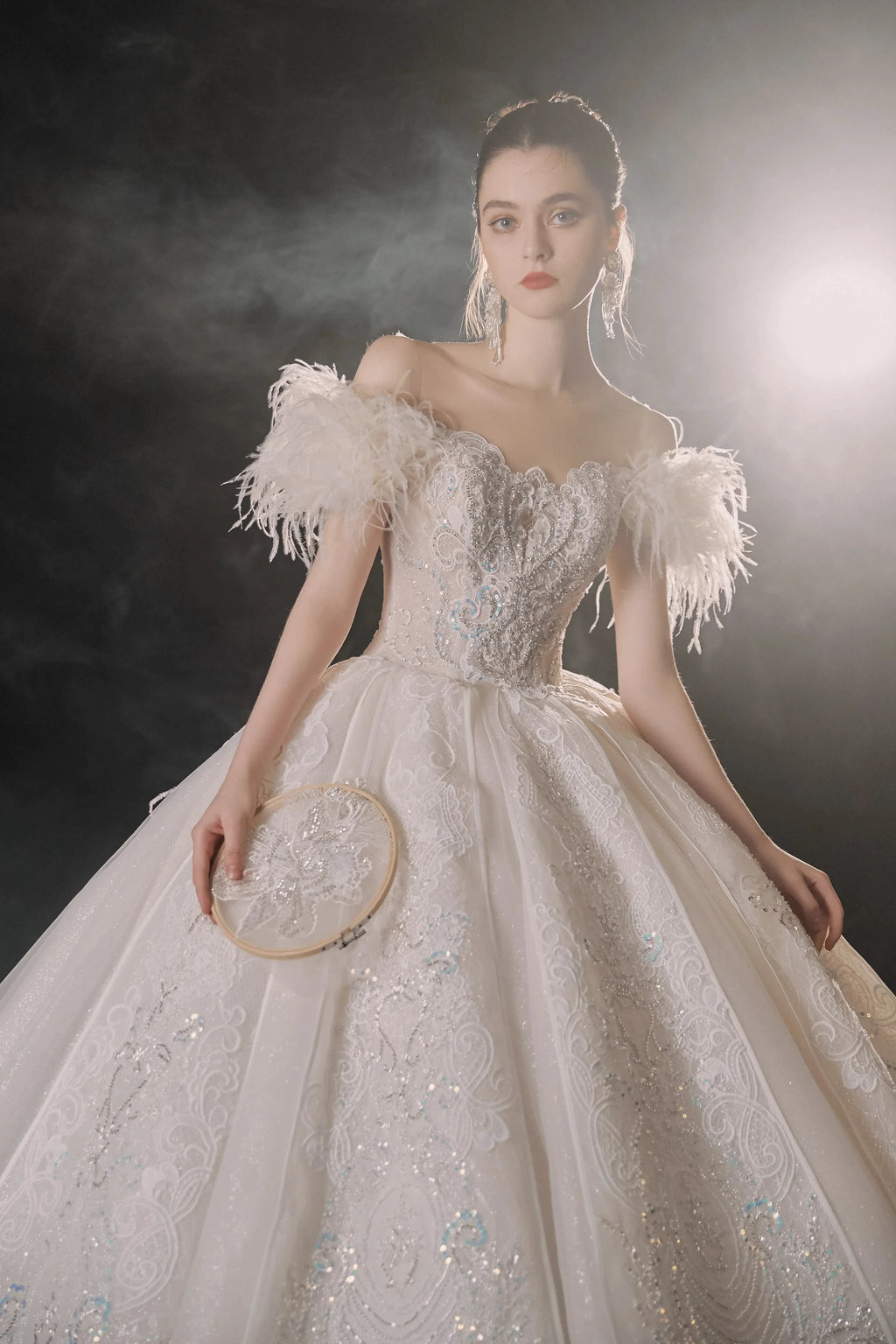 Luxurious Off-the-Shoulder Ball Gown Sweetheart Neckline Feather Trim Beaded Lace Wedding Dress with Glitter Train E-306 by ZAPDRESS