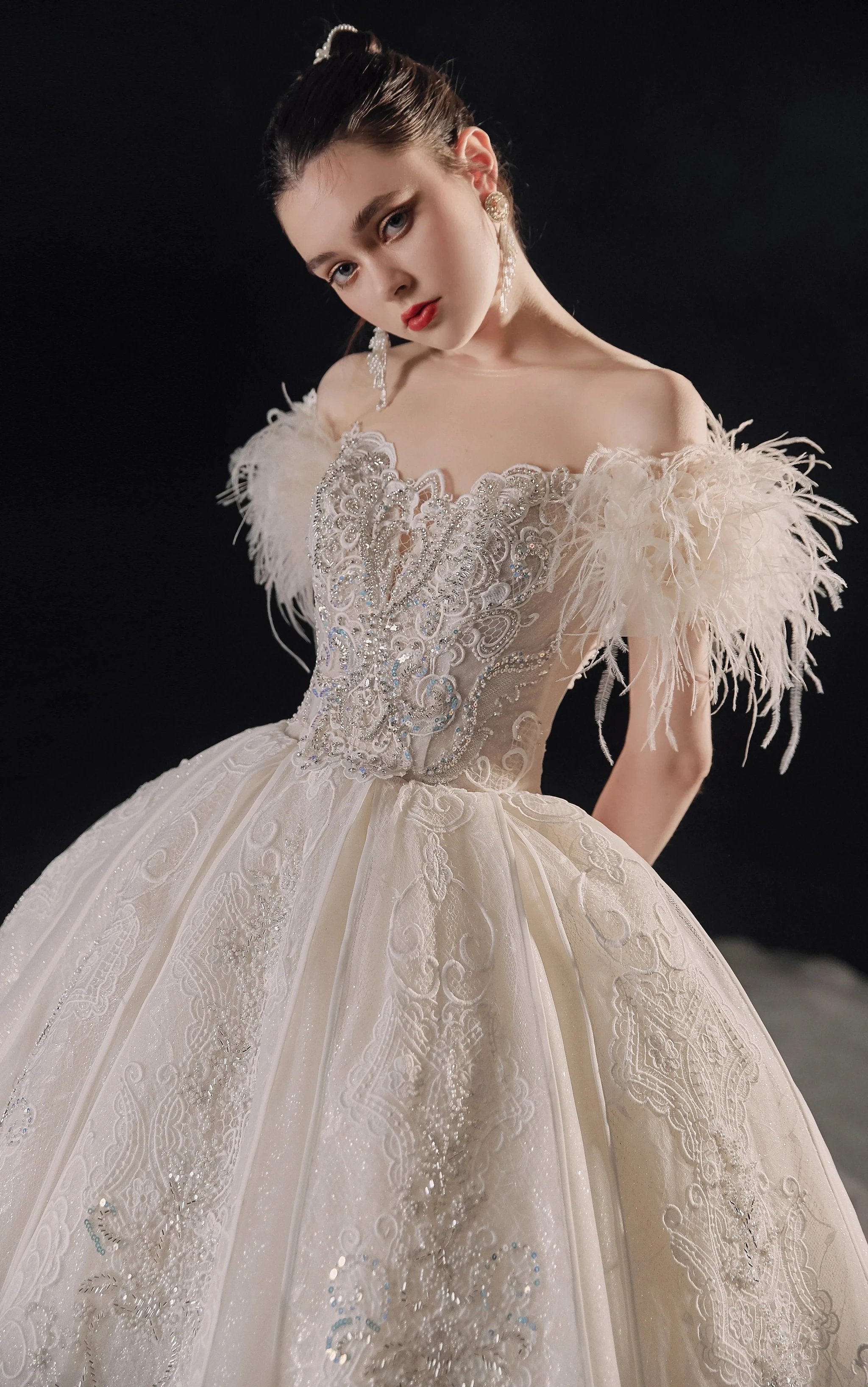 Luxurious Off-the-Shoulder Ball Gown Sweetheart Neckline Feather Trim Beaded Lace Wedding Dress with Glitter Train E-306 by ZAPDRESS