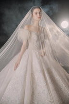Luxurious Off-the-Shoulder Ball Gown Sweetheart Neckline Feather Trim Beaded Lace Wedding Dress with Glitter Train E-306 by ZAPDRESS
