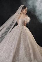 Luxurious Off-the-Shoulder Ball Gown Sweetheart Neckline Feather Trim Beaded Lace Wedding Dress with Glitter Train E-306 by ZAPDRESS