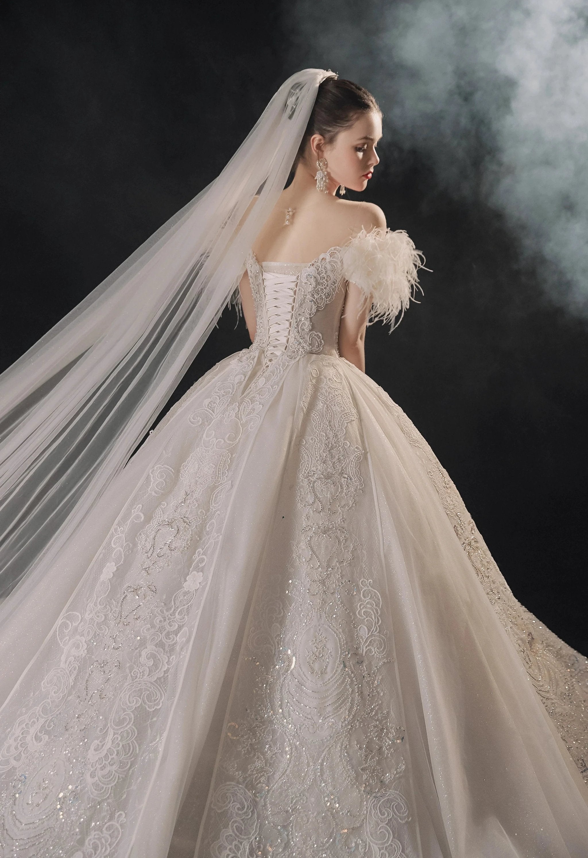 Luxurious Off-the-Shoulder Ball Gown Sweetheart Neckline Feather Trim Beaded Lace Wedding Dress with Glitter Train E-306 by ZAPDRESS