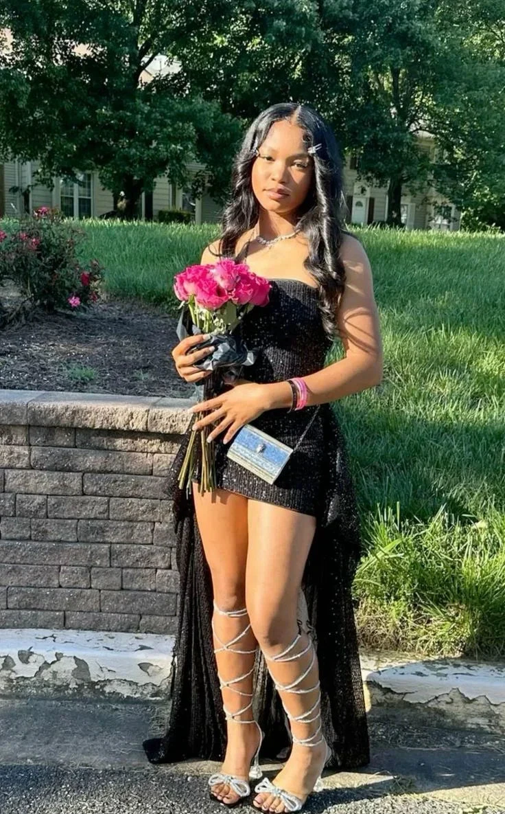 Fashion Black Sequin Strapless Homecoming Dress Short Prom Dress With Train Y7704 by simplepromdress