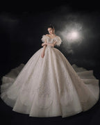 Luxurious Off-the-Shoulder Ball Gown Sweetheart Neckline Feather Trim Beaded Lace Wedding Dress with Glitter Train E-306 by ZAPDRESS