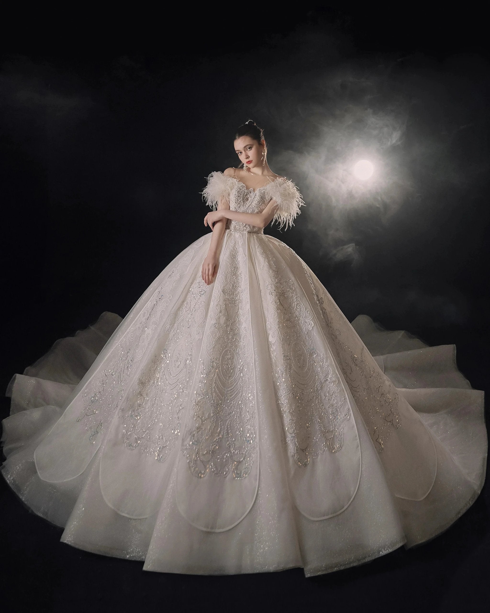 Luxurious Off-the-Shoulder Ball Gown Sweetheart Neckline Feather Trim Beaded Lace Wedding Dress with Glitter Train E-306 by ZAPDRESS