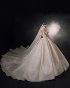Luxurious Off-the-Shoulder Ball Gown Sweetheart Neckline Feather Trim Beaded Lace Wedding Dress with Glitter Train E-306 by ZAPDRESS