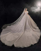 Luxurious Off-the-Shoulder Ball Gown Sweetheart Neckline Feather Trim Beaded Lace Wedding Dress with Glitter Train E-306 by ZAPDRESS