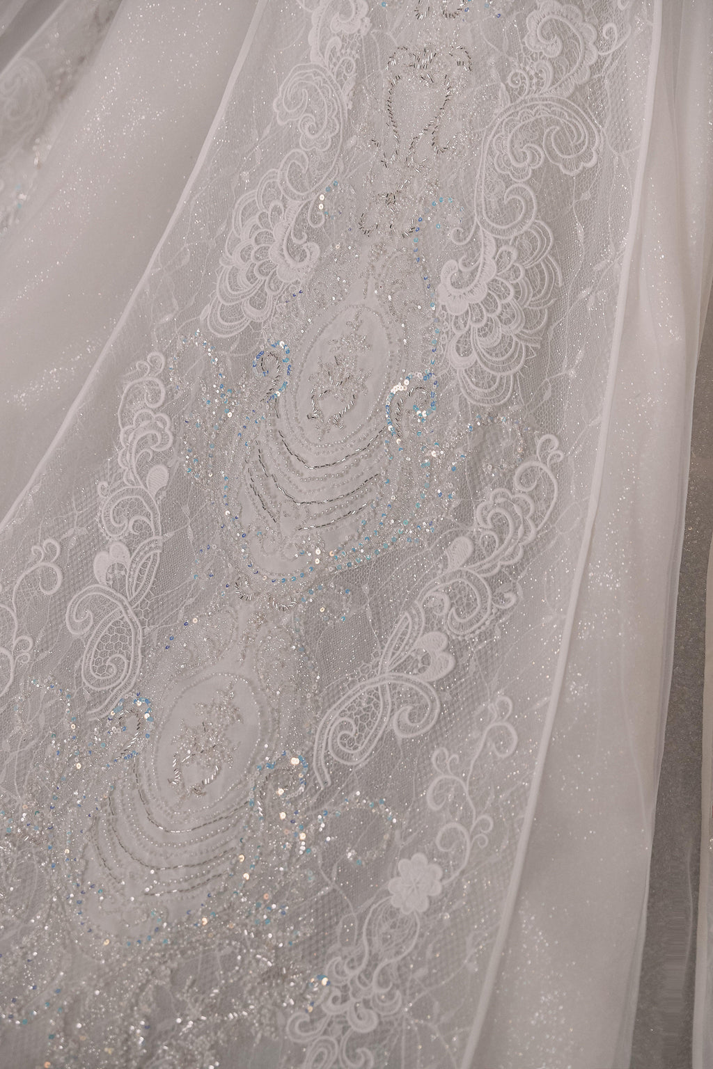 Luxurious Off-the-Shoulder Ball Gown Sweetheart Neckline Feather Trim Beaded Lace Wedding Dress with Glitter Train E-306 by ZAPDRESS