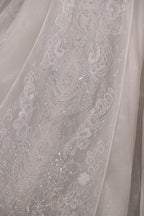 Luxurious Off-the-Shoulder Ball Gown Sweetheart Neckline Feather Trim Beaded Lace Wedding Dress with Glitter Train E-306 by ZAPDRESS