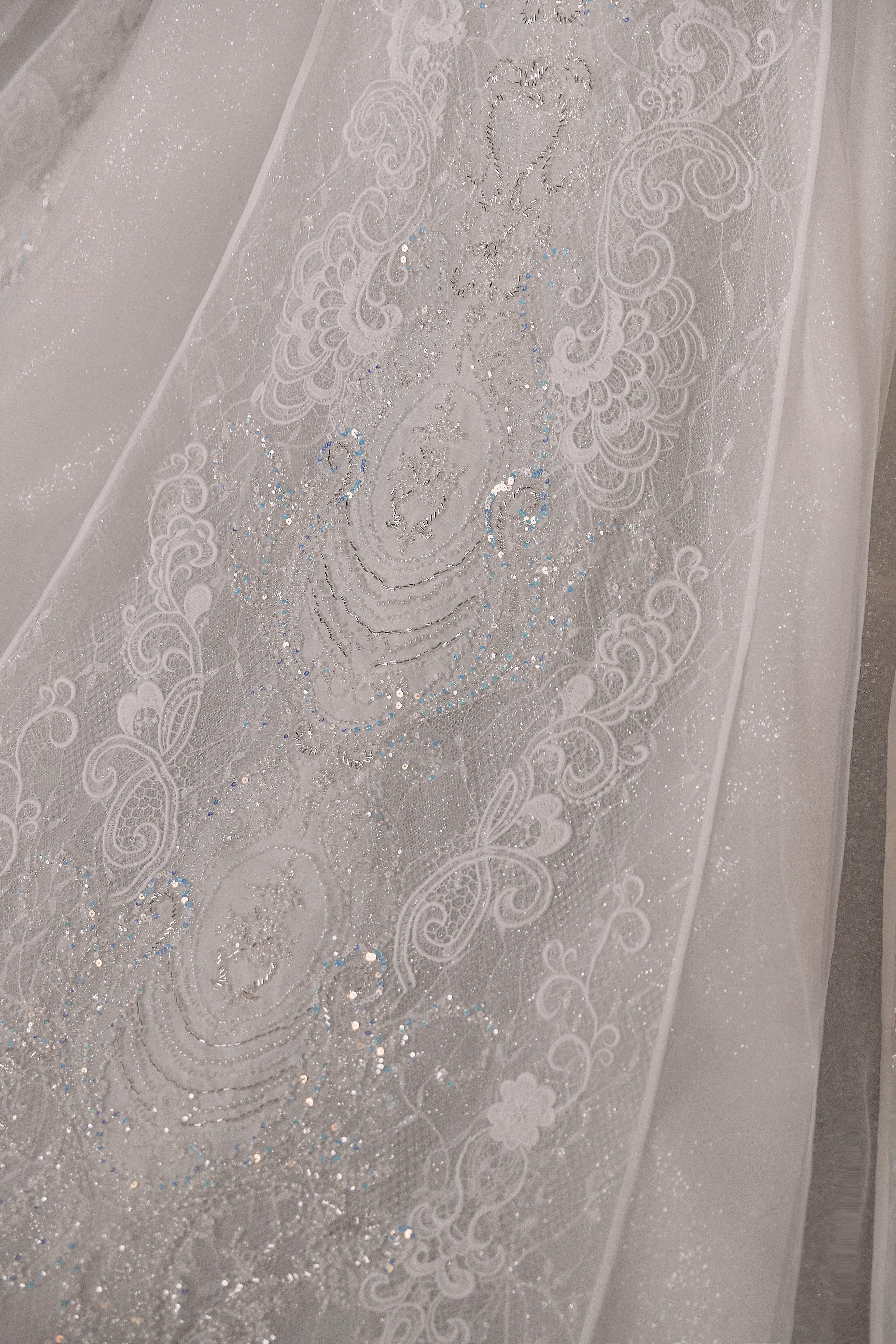 Luxurious Off-the-Shoulder Ball Gown Sweetheart Neckline Feather Trim Beaded Lace Wedding Dress with Glitter Train E-306 by ZAPDRESS