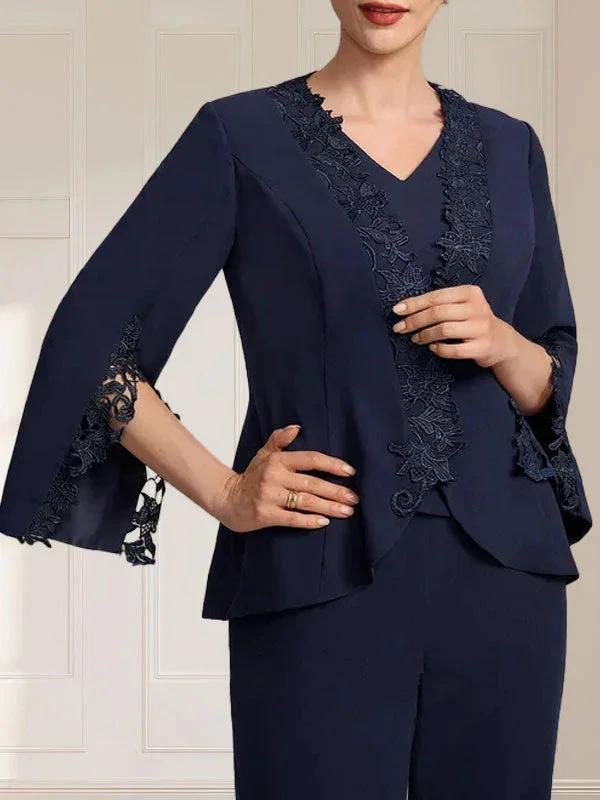 Separates Jumpsuit/Pantsuit V-Neck Floor-Length Chiffon Mother of the Bride Dress by Dreamylily