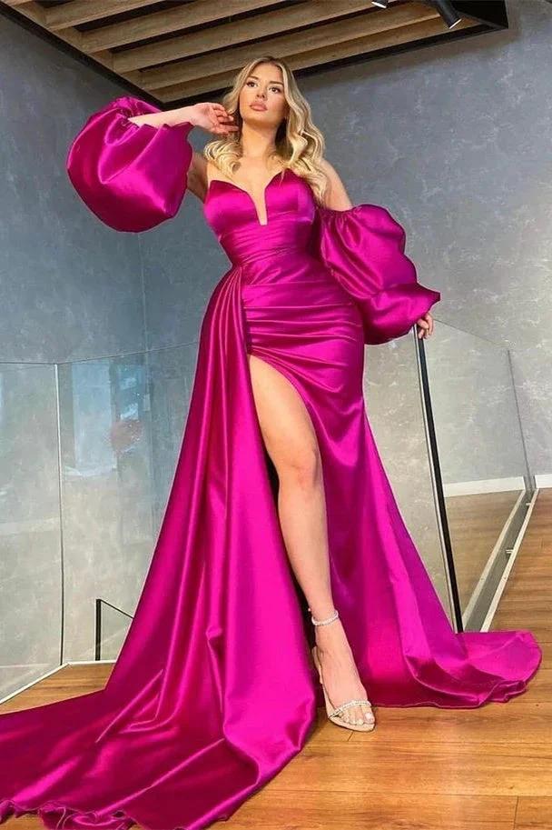 Long Mermaid Sweetheart Satin Front Slit Prom Dress With Detachable Sleeves by BIZTUNNEL