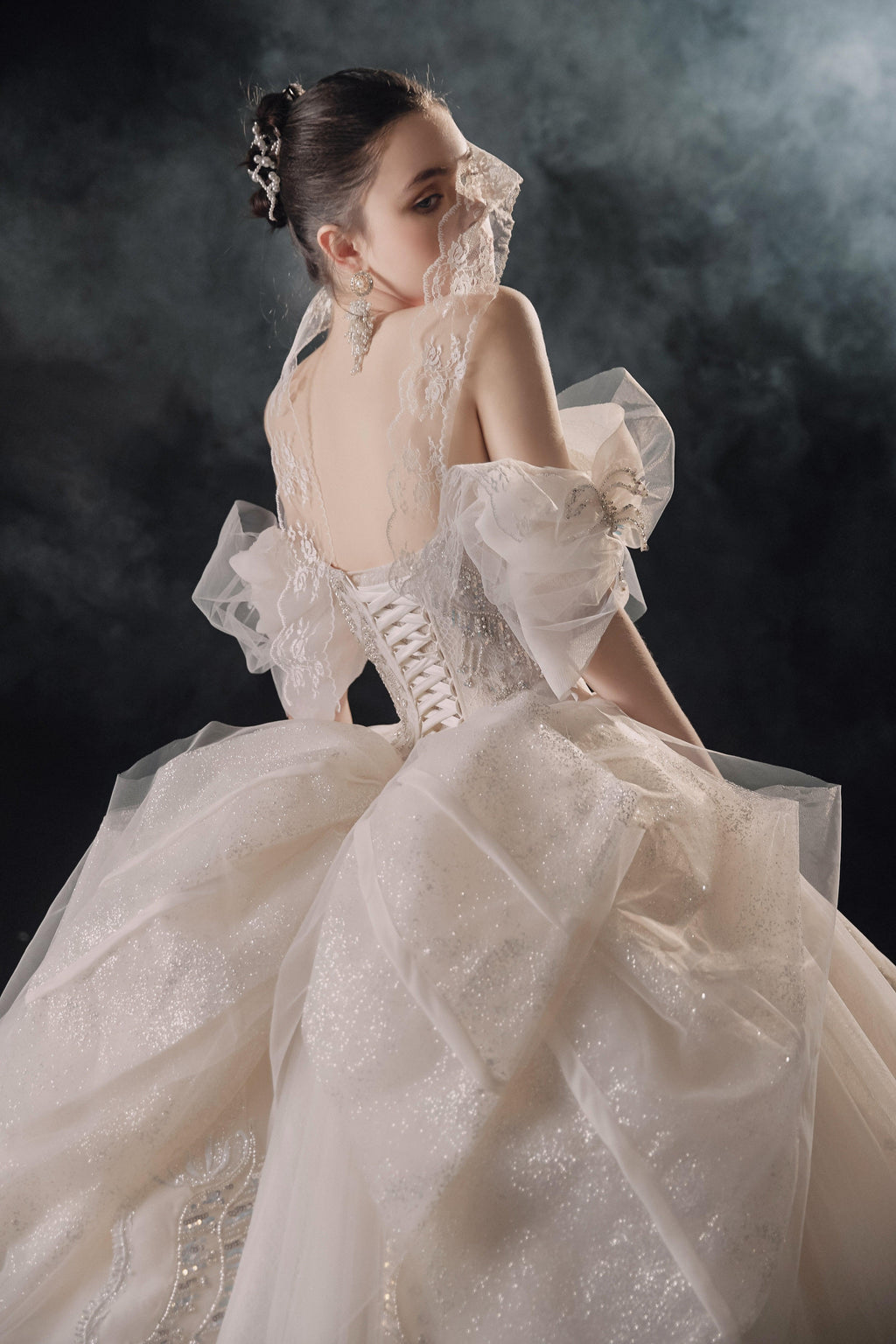 Elegant Off-the-Shoulder Ball Gown Sweetheart Neckline Tulle Puff Sleeve Beaded Lace Wedding Dress with Scalloped Train E-306 by ZAPDRESS