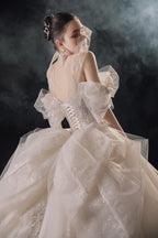 Elegant Off-the-Shoulder Ball Gown Sweetheart Neckline Tulle Puff Sleeve Beaded Lace Wedding Dress with Scalloped Train E-306 by ZAPDRESS