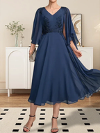 A-line V-Neck Tea-Length Chiffon Lace Mother of the Bride Dress With Beading Sequins by Dreamylily