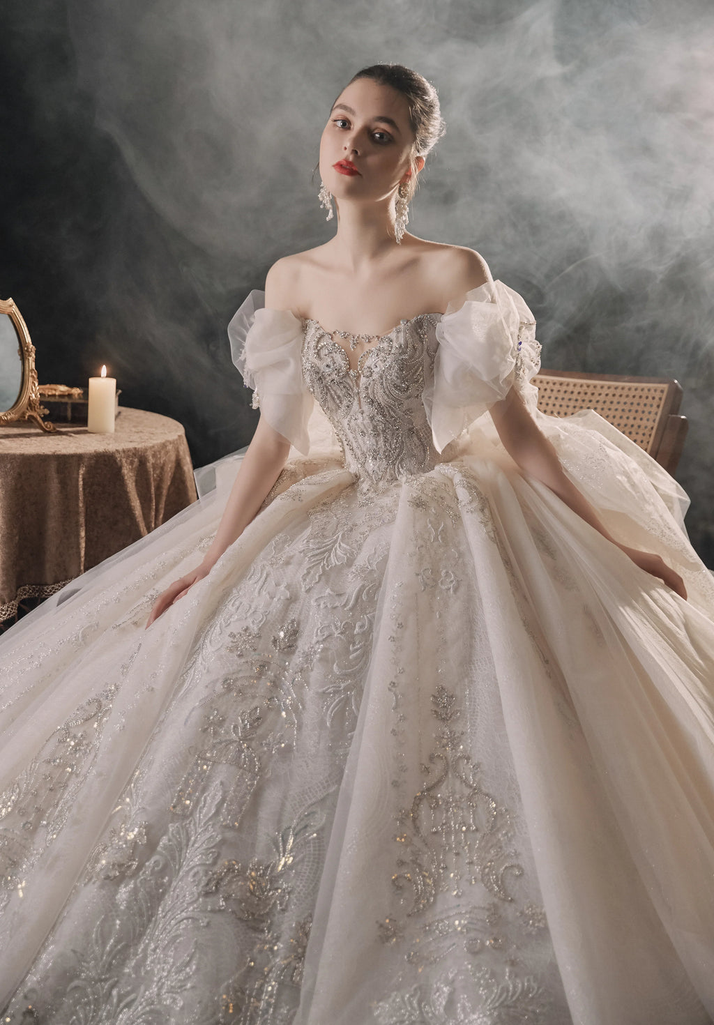 Elegant Off-the-Shoulder Ball Gown Sweetheart Neckline Tulle Puff Sleeve Beaded Lace Wedding Dress with Scalloped Train E-306 by ZAPDRESS
