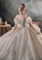 Elegant Off-the-Shoulder Ball Gown Sweetheart Neckline Tulle Puff Sleeve Beaded Lace Wedding Dress with Scalloped Train E-306 by ZAPDRESS