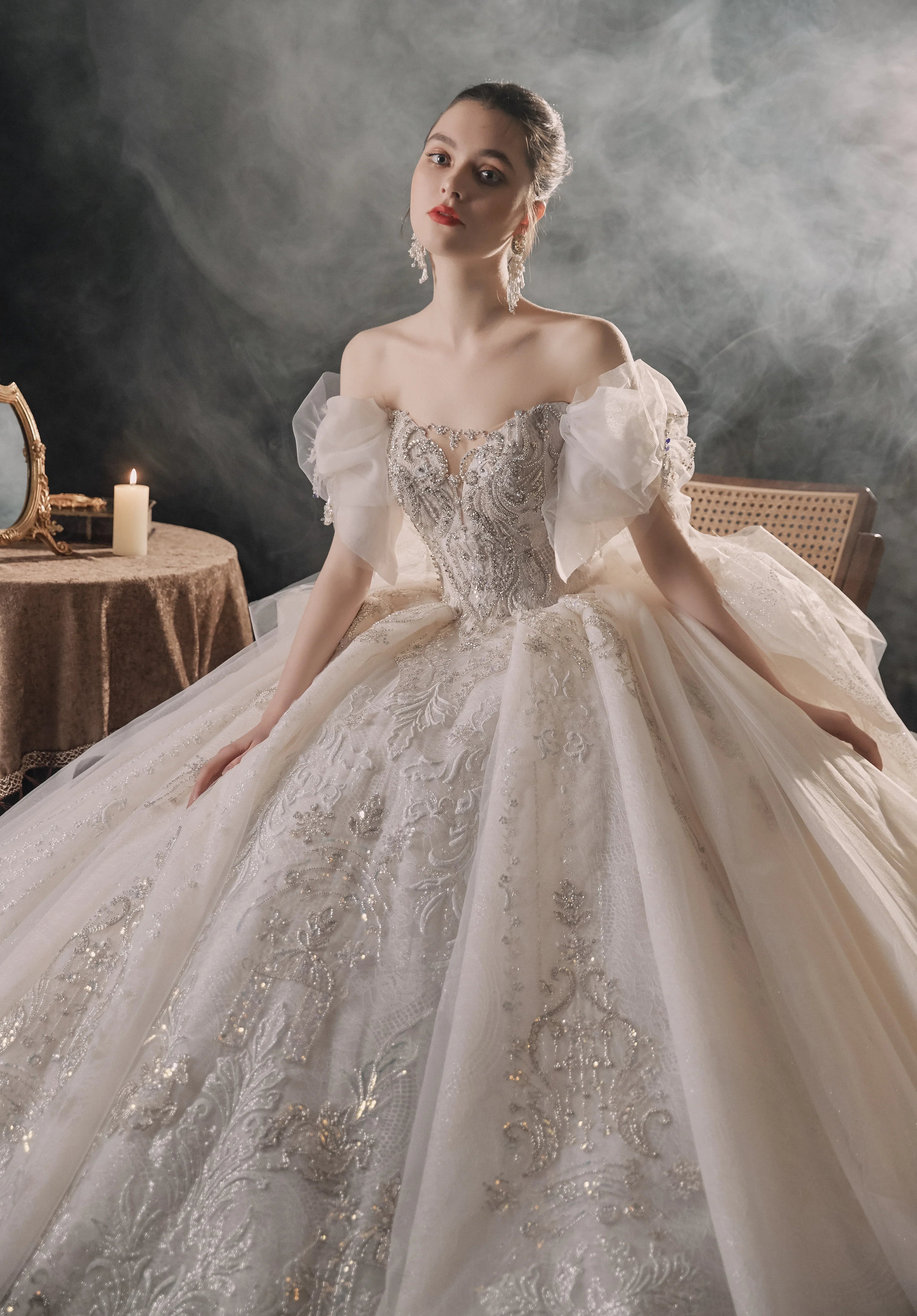 Elegant Off-the-Shoulder Ball Gown Sweetheart Neckline Tulle Puff Sleeve Beaded Lace Wedding Dress with Scalloped Train E-306 by ZAPDRESS