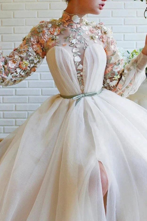White Long Sleeves A-line High Neck Tulle Flower Mermaid Prom Dresses with Slit by BIZTUNNEL