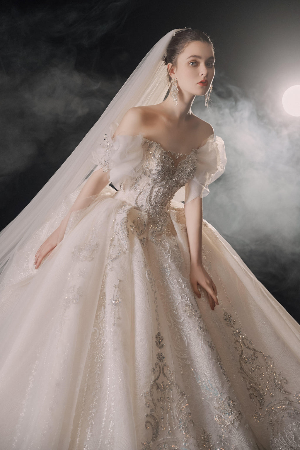 Elegant Off-the-Shoulder Ball Gown Sweetheart Neckline Tulle Puff Sleeve Beaded Lace Wedding Dress with Scalloped Train E-306 by ZAPDRESS