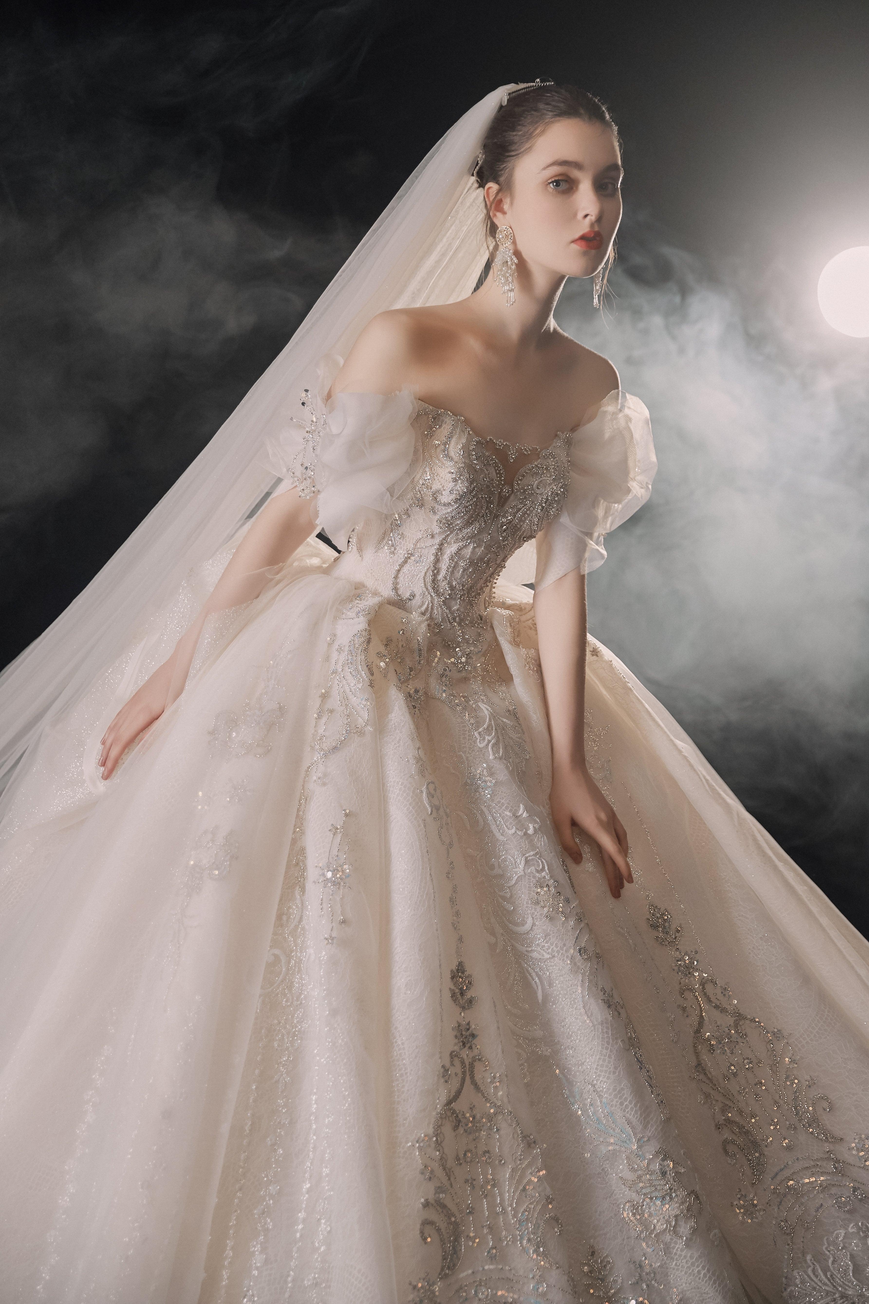 Elegant Off-the-Shoulder Ball Gown Sweetheart Neckline Tulle Puff Sleeve Beaded Lace Wedding Dress with Scalloped Train E-306 by ZAPDRESS