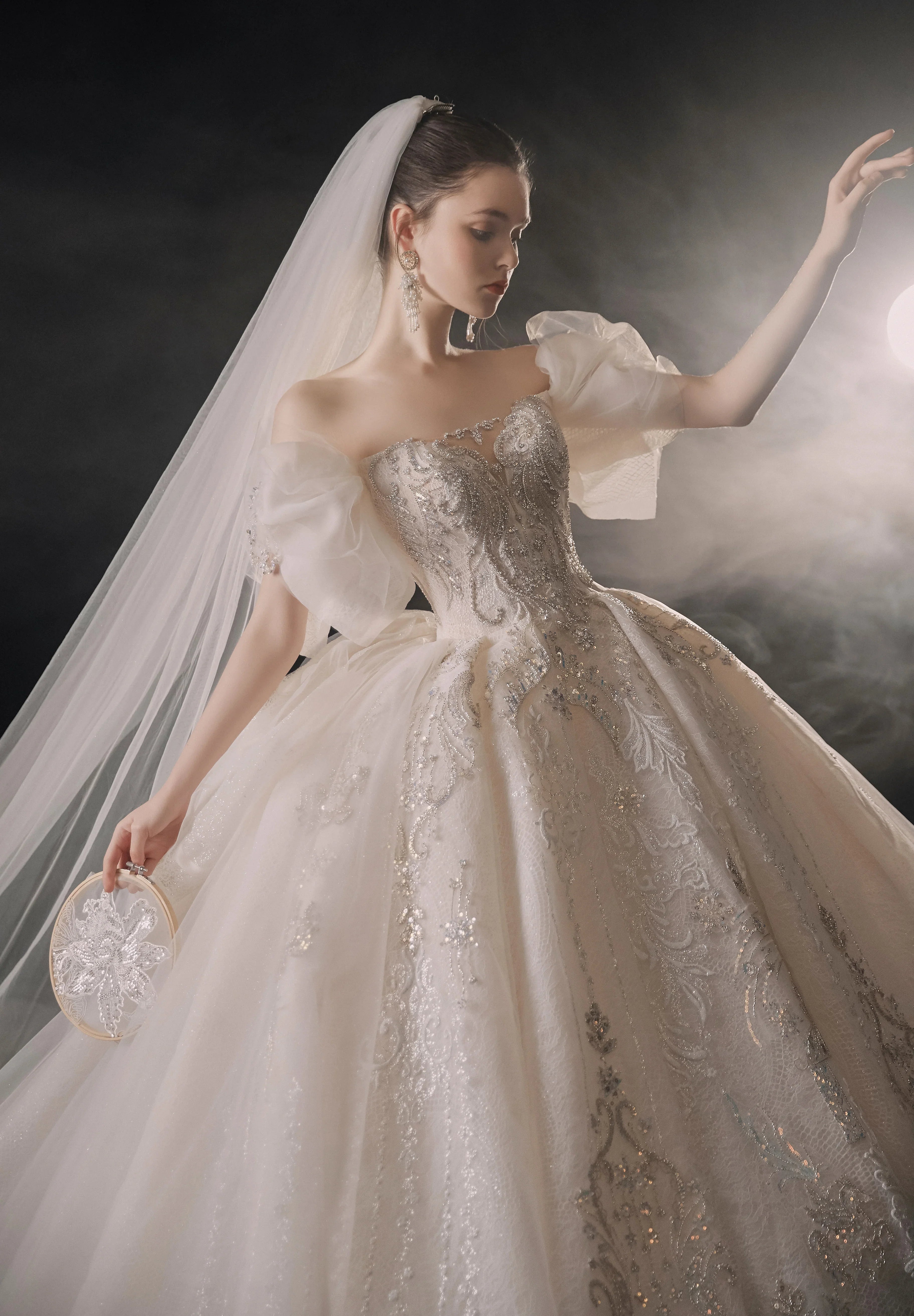 Elegant Off-the-Shoulder Ball Gown Sweetheart Neckline Tulle Puff Sleeve Beaded Lace Wedding Dress with Scalloped Train E-306 by ZAPDRESS