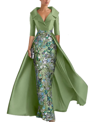 Olive green satin shawl fishtail dress