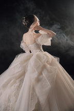Elegant Off-the-Shoulder Ball Gown Sweetheart Neckline Tulle Puff Sleeve Beaded Lace Wedding Dress with Scalloped Train E-306 by ZAPDRESS