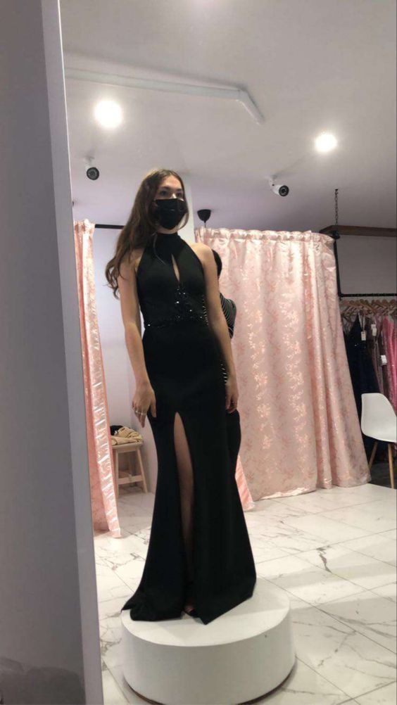 Black Halter Neckline Long Prom Dress Elegant Evening Dress Side Split Y416 Main Image