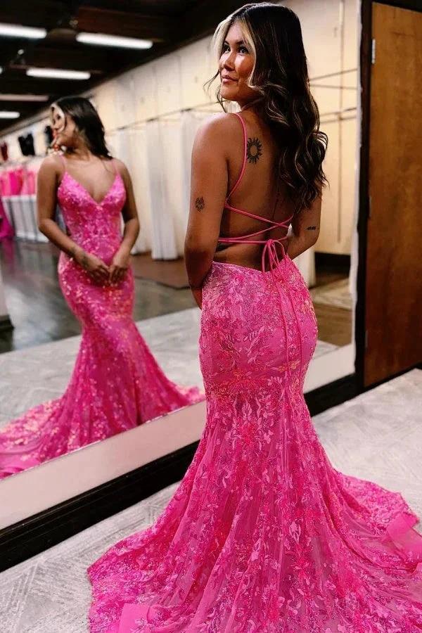 Sleeveless Pink Sequins Mermaid Long Prom Dress with Backless Spaghetti Straps by BIZTUNNEL