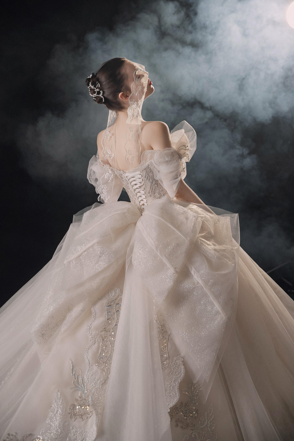 Elegant Off-the-Shoulder Ball Gown Sweetheart Neckline Tulle Puff Sleeve Beaded Lace Wedding Dress with Scalloped Train E-306 by ZAPDRESS