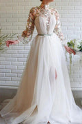 White Long Sleeves A-line High Neck Tulle Flower Mermaid Prom Dresses with Slit by BIZTUNNEL
