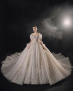 Elegant Off-the-Shoulder Ball Gown Sweetheart Neckline Tulle Puff Sleeve Beaded Lace Wedding Dress with Scalloped Train E-306 by ZAPDRESS