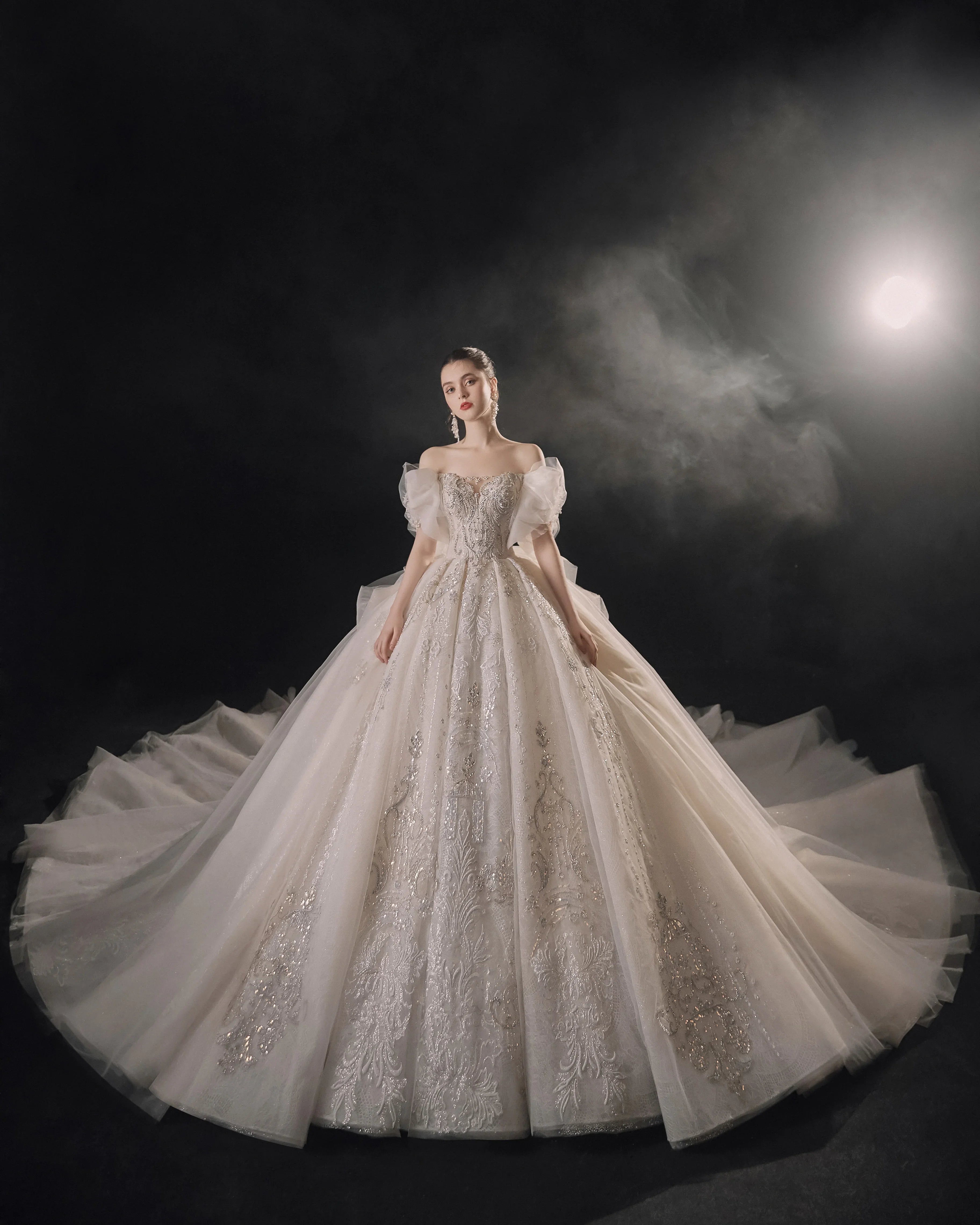 Elegant Off-the-Shoulder Ball Gown Sweetheart Neckline Tulle Puff Sleeve Beaded Lace Wedding Dress with Scalloped Train E-306 by ZAPDRESS