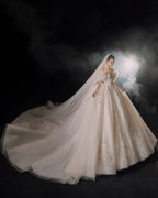 Elegant Off-the-Shoulder Ball Gown Sweetheart Neckline Tulle Puff Sleeve Beaded Lace Wedding Dress with Scalloped Train E-306 by ZAPDRESS