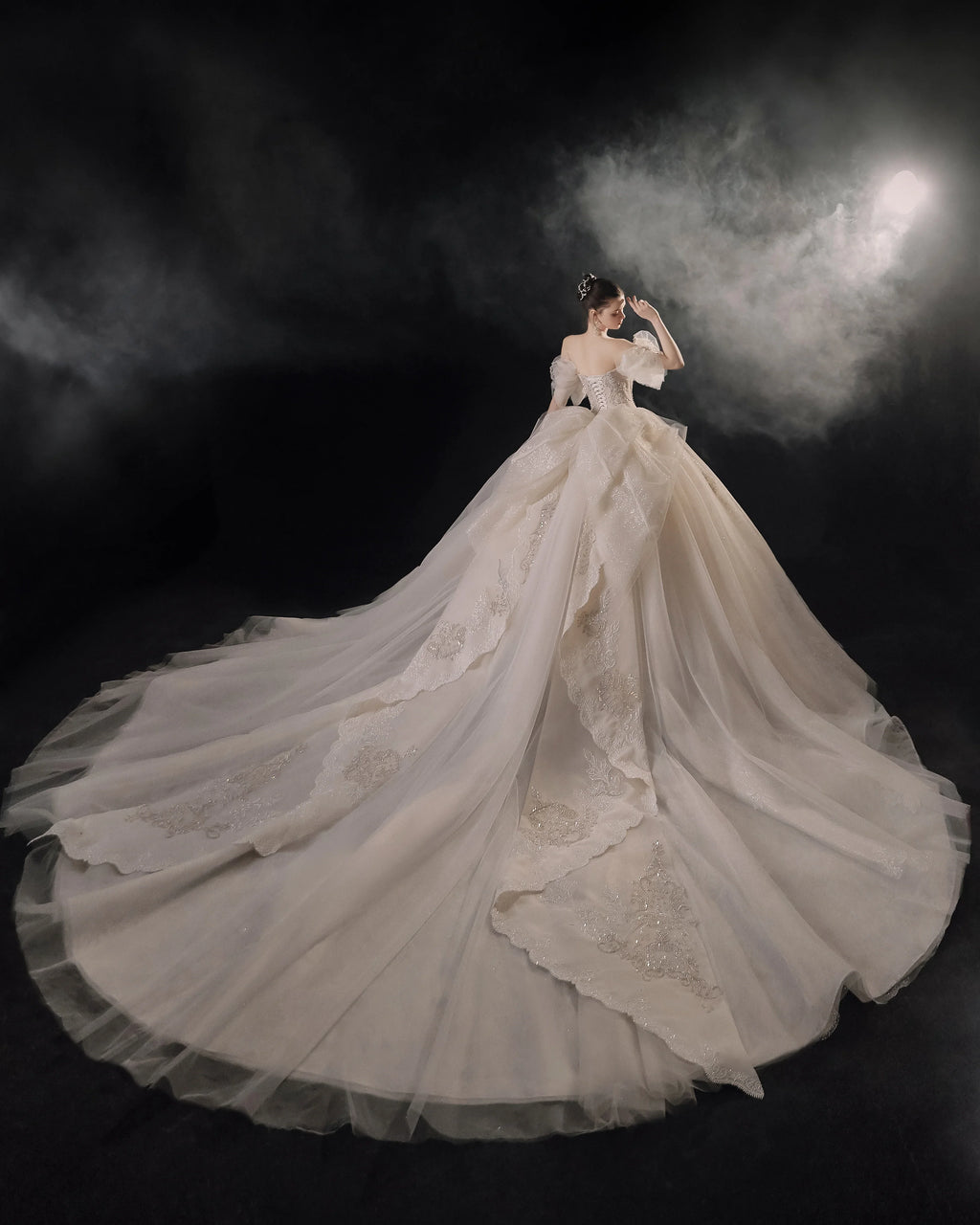 Elegant Off-the-Shoulder Ball Gown Sweetheart Neckline Tulle Puff Sleeve Beaded Lace Wedding Dress with Scalloped Train E-306 by ZAPDRESS